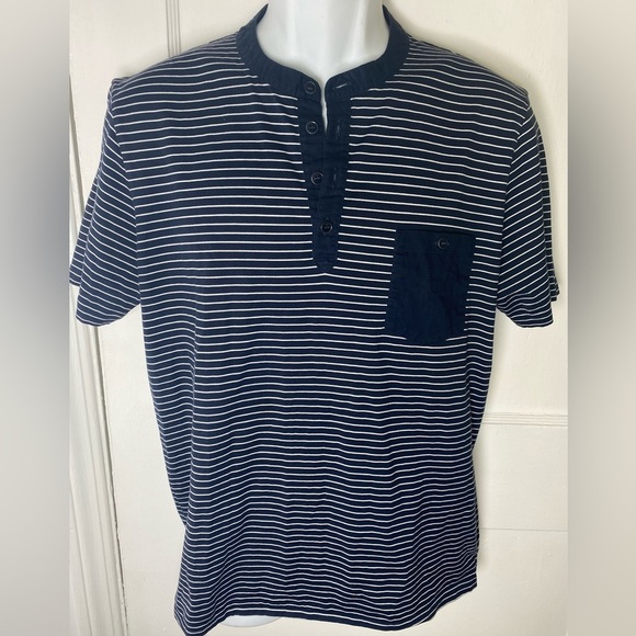 HUGO BOSS Men's Navy Striped Henley Shirt - Picture 1 of 4